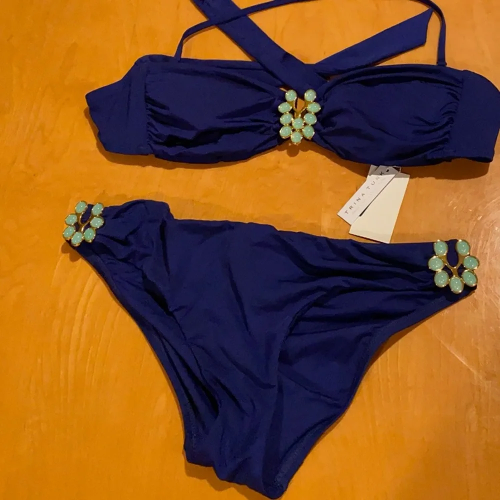Women Navy Blue Two-Piece Swim Set with Jewel Accents